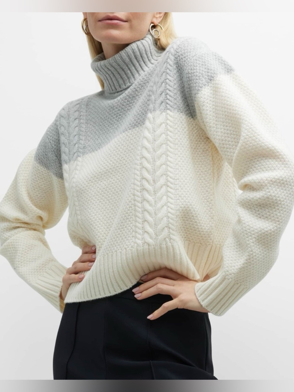 ATM Anthony Thomas Melillo Cream and Light Gray Cable-Knit Turtleneck Sweater